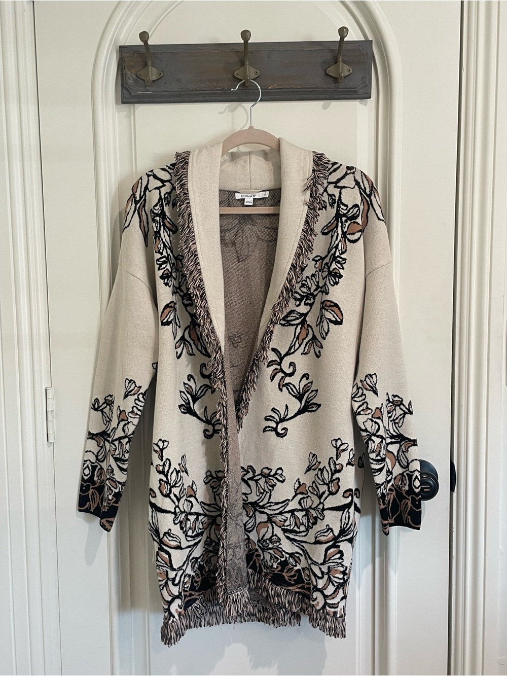 Chico's Cream Floral Fringe Open-Front Cardigan with Black & Brown Accents